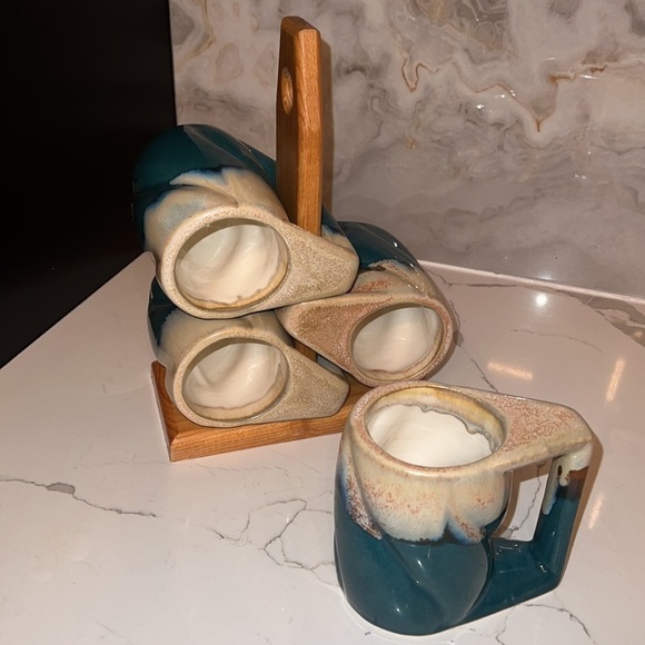 Set of 4 Vintage Padilla Glazed Ombré Ceramic Mugs w/ Wood Stacking Rack - Picture 7 of 10